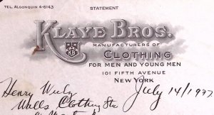 1937 KLAYE BROS CLOTHING FOR MEN AND YOUNG MEN NEW YORK BILLHEAD STATEMENT Z373