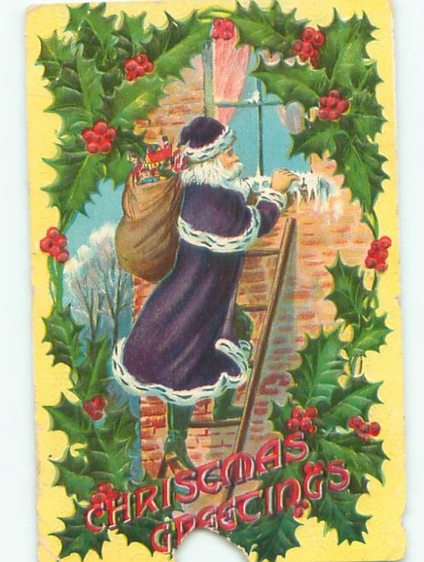 Pre-Linen Christmas RARE PURPLE SANTA CLAUS AT THE WINDOW AB5037