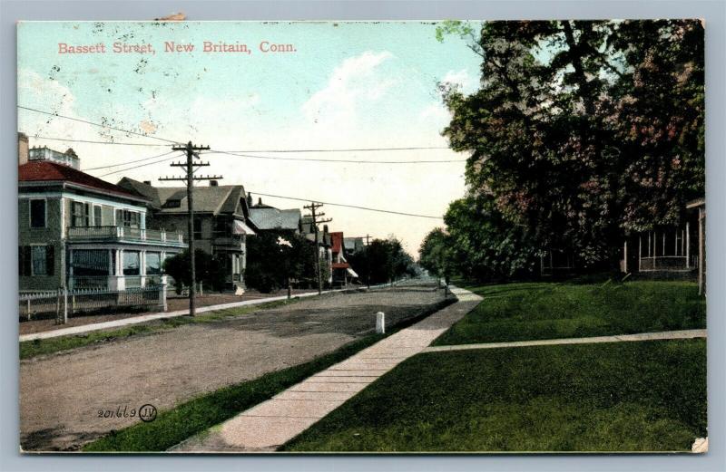 NEW BRITAIN CT BASSETT STREET 1908 ANTIQUE POSTCARD w/ CORK CANCEL