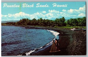 Punaluu Black Sand Beach Net Fisherman and Boat on Beach Hawaii Postcard