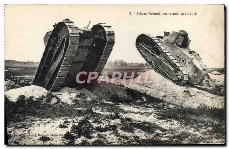 Postcard Old Army Tank Tank Renault in field accident