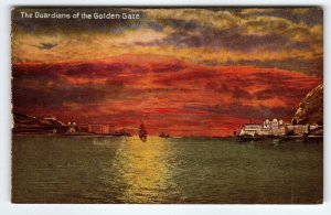 Ship Boat Postcard Sunset Guardians Of Golden Gate San Francisco California PNC