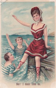 Edwardian Striped Swimming Costume Swimming 3D Old Postcard