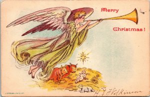 Merry Christmas Angel Trumpet Manger Sheep Oxen Postcard J Ottman UDB 1906