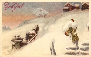 Norwegian Christmas Postcard God Jul Winter Scene Horse And Carriage Seri H 5002