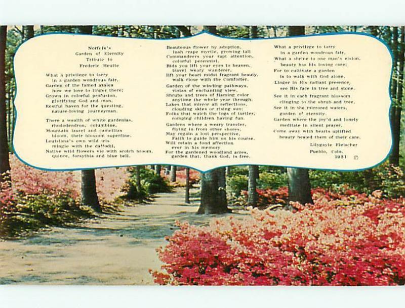 Norfolks CO Municipal Gardens Garden of Eternity Fredric Heutte  Postcard # 5577