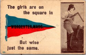 Girls Are On the Square in Worcester MA, Girl Carpenter Vintage Postcard Q79