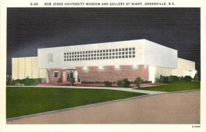 VG Linen Postcard Bob Jones University Museum Gallery at Night Greenville SC