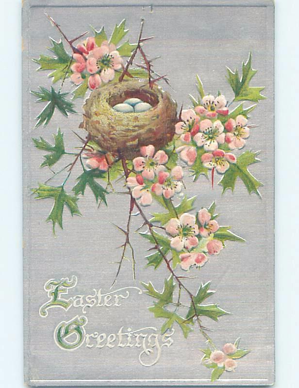 Pre-Linen easter EGGS IN BIRD NEST ON PINK FLOWERING TREE BRANCH HL0992