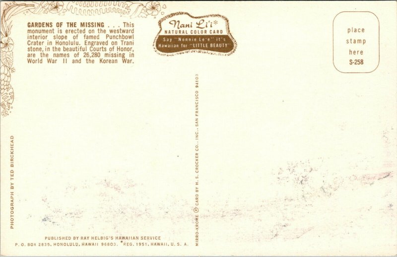 Vtg 1950's Gardens Of The Missing Punchbowl Crater Honolulu Hawaii HI Postcard