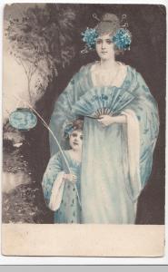 Woman With Oriental Dress & Child With Chinese Lantern PPC By Stewart & Woolf