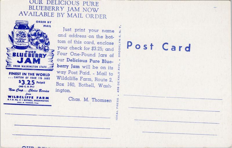 Wildcliffe Farm Blueberry Jam Ad Advertising Bothell WA Washington Postcard E47