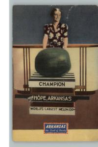ARKANSAS Woman w Champion Watermelon Linen Postcard