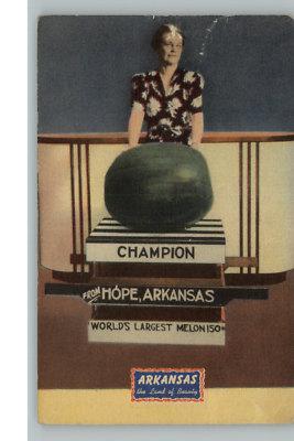 ARKANSAS Woman w Champion Watermelon Linen Postcard