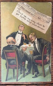 Vintage Humorous Postcard - Can't get Home - Men Drinking