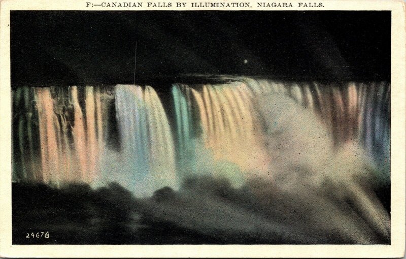 Canadian Falls Illumination Niagara Falls Canada Night WB Postcard UNP WOB VTG 