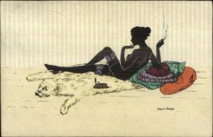 Sexy Woman Semi Nude on Bearskin Rug Smoking Cigarette Silhouette GROSZE pc