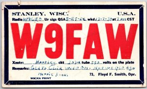 1950's QSL Radio Card W9FAW Stanley WI Amateur Radio Station Posted Postcard