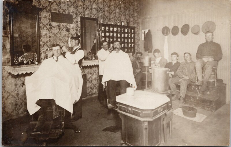 Barbershop Barbers Customers Daykin Nebraska NE Postmark 1909 RPPC Postcard E64