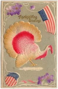 Thanksgiving  PC, Patriotic Add On Felt Turkey, 1910