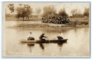 1910 Rowing at Heartwells Lake Hastings Nebraska NE Antique RPPC Photo Postcard