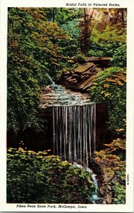 Bridal Falkls Pictured Rocks Waterfall Up Forest Trees Postcard VTG
