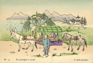 china, Palanquin with Mules (1930s) Chefoo, Hand Coloured Mission Postcard (04)