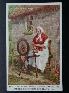 CLEUCH DRYBURGH TWEED WAREHOUSE & LADY at HIGHLAND SPINNING WHEEL c1938 Postcard