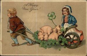 PFB NEW YEAR No. 6174 Boy & Girl w Cart of Pigs & Clovers...