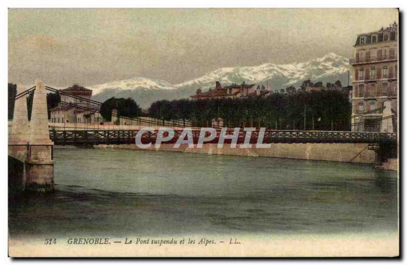 Old Postcard Dauphine Grenoble Suspension Bridge and the Alps