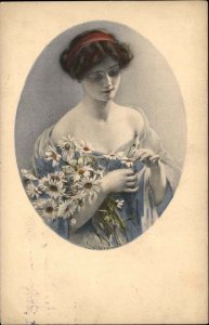 Beautiful Young Woman with Daisies Decolletage c1910 Vintage Postcard