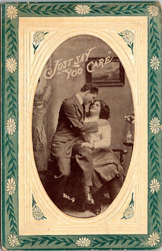 VTG Postcard Valentine Romance Just Say You Care Art Deco Unposted 1860