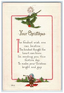 1914 Christmas Pine Candle Little Girl Flute Walpole Massachusetts MA Postcard