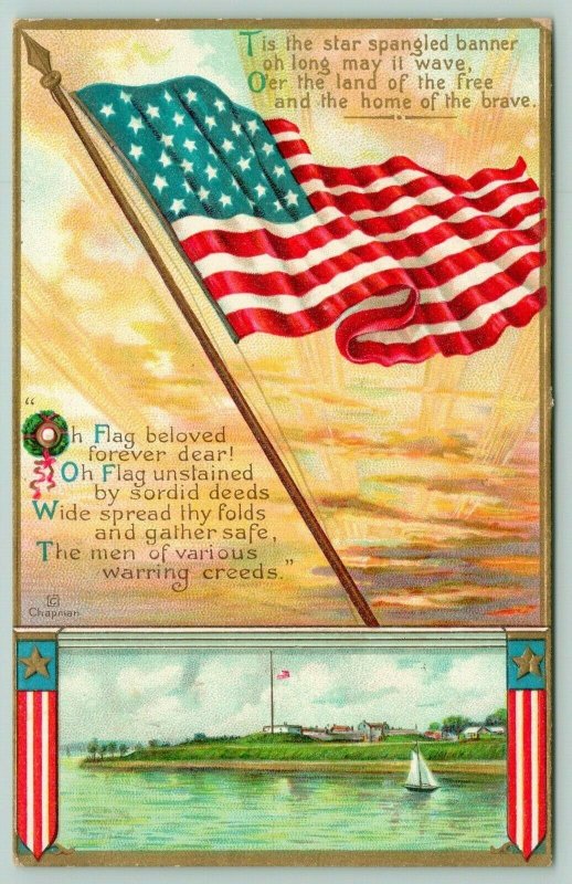 Chapman Patriotic~Star Spangled Banner~Flag Flies Over Fort~Embossed~1912 IAPC 