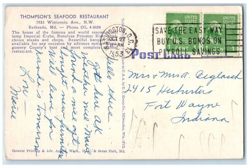 1953 Thompsons Seafood Restaurant Chair Tables Crabs Bethesda Maryland Postcard