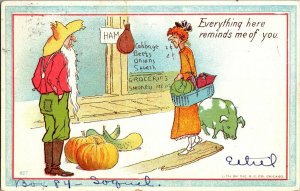 Woman with Veggies in Basket, Old Man Hog UDB Humor Vintage Postcard I47