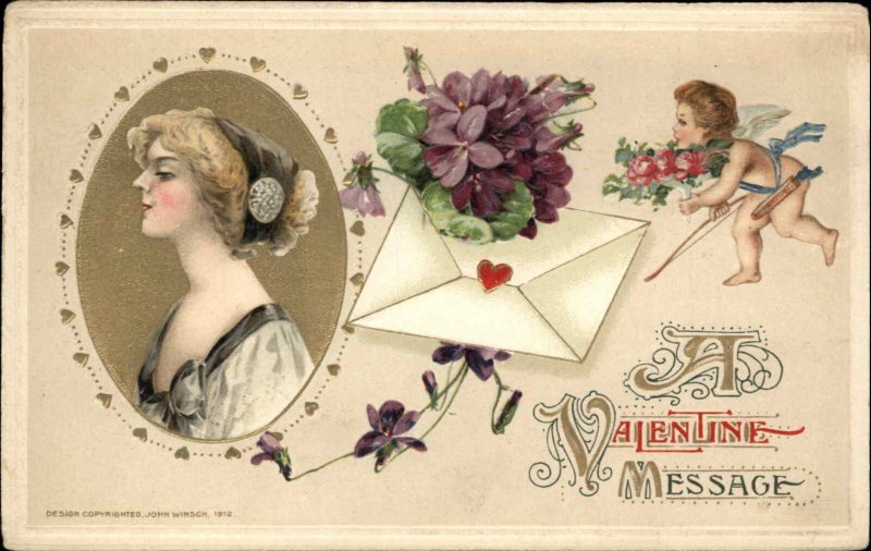 Winsch Valentine Beautiful Woman Cupid Border Art Nouveau c1910 Postcard