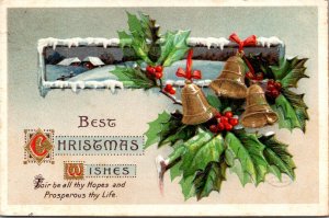 Merry Christmas With Gold Bells and Holly 1912
