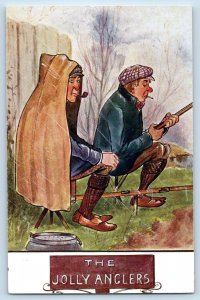 Howe Vertigen & Co Postcard The Jolly Anglers Man Pipe Cigar Raining c1910's