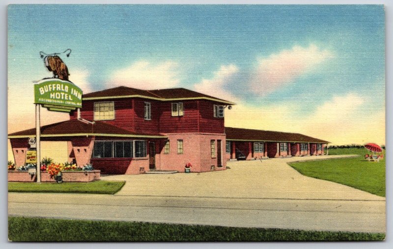 Houston Texas~Buffalo Inn Hotel~Best Western Motel~Bison on Sign~c1950 Linen PC