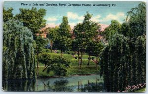 Postcard - View of Lake and Gardens, Royal Governors Palace - Williamsburg, VA
