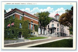 c1920 Library Masonic Temple Exterior Building Road Catskill New York Postcard