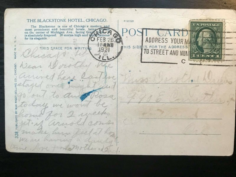 Vintage Postcard>1921>The Blackstone Hotel>Chicago>Illinois