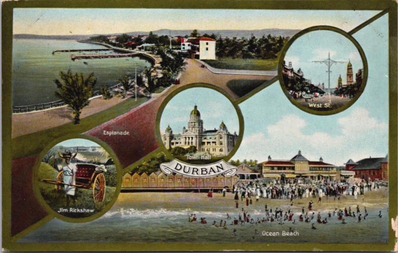 Durban South Africa Jim Rickshaw Town Hall West St. Beach Multiview Postcard E19