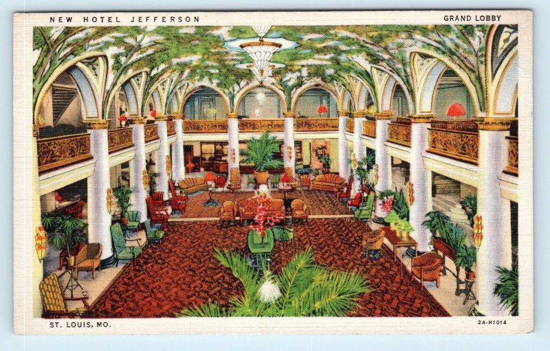 ST LOUIS, MO~ New HOTEL JEFFERSON Lobby c1940s Roadside  Linen Postcard