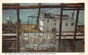SHIP SCOW LOAD OF SLAMON FISHING ALASKA POSTCARD (c. 1930s)