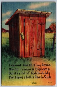 Comic~Better Place To Study~Outhouse Near Fence In Field~MWM Vintage Postcard