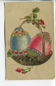 461423 EASTER Colorful EGGS in Basket ROSES Vintage postcard EMBOSSED GOM