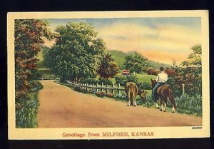 Greetings From Milford, Kansas/KS Postcard, Horseback Rider & Cow On Lane, 1946!