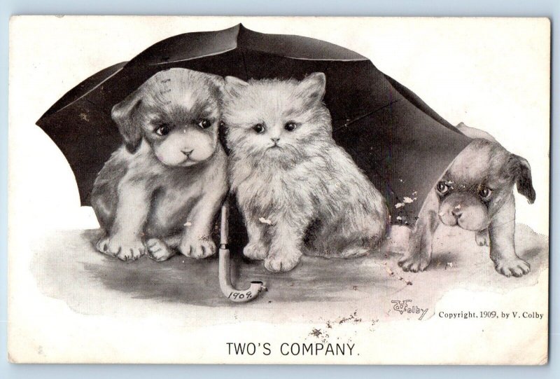 V. Colby Artist Signed Postcard Cute Puppy And Cat Two Company 1909 Antique